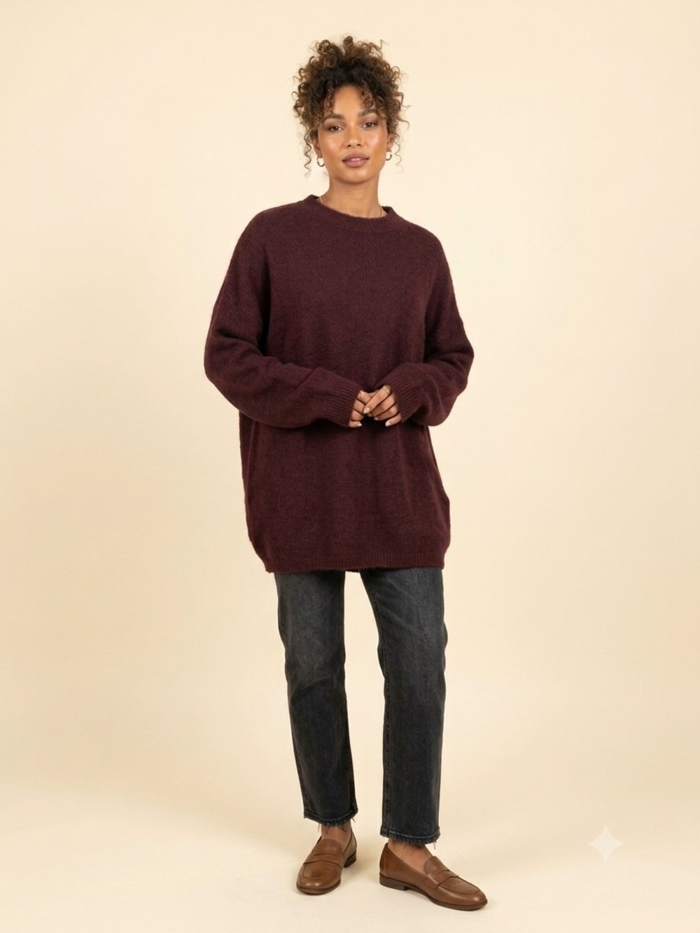 Relaxed Oversized Crewneck Sweater in Plum